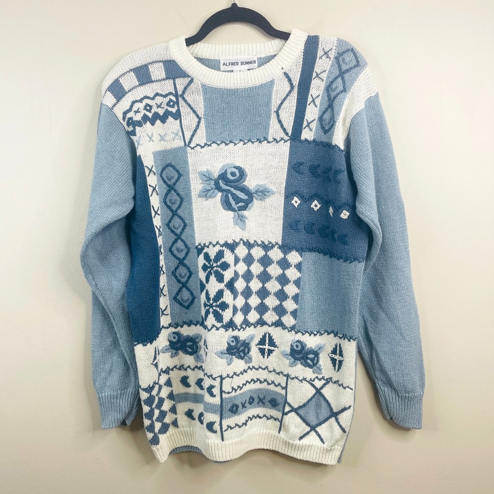 Vintage 80s Cottage Patchwork Sweater Womens Large Americana Pastel Grandma Chic